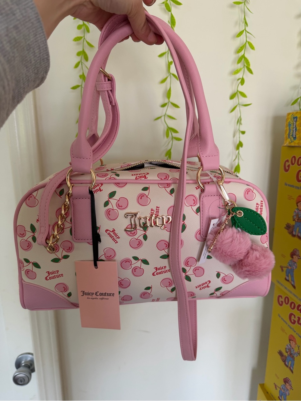 Juicy Couture Pink Cherry Print Satchel with Pom Charm